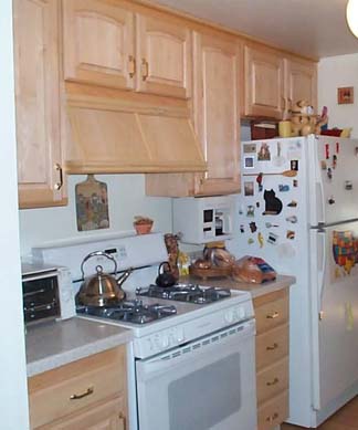 Lighter arch style upper cabinets now.<br />The lighter cabinets brighten up this kitchen.